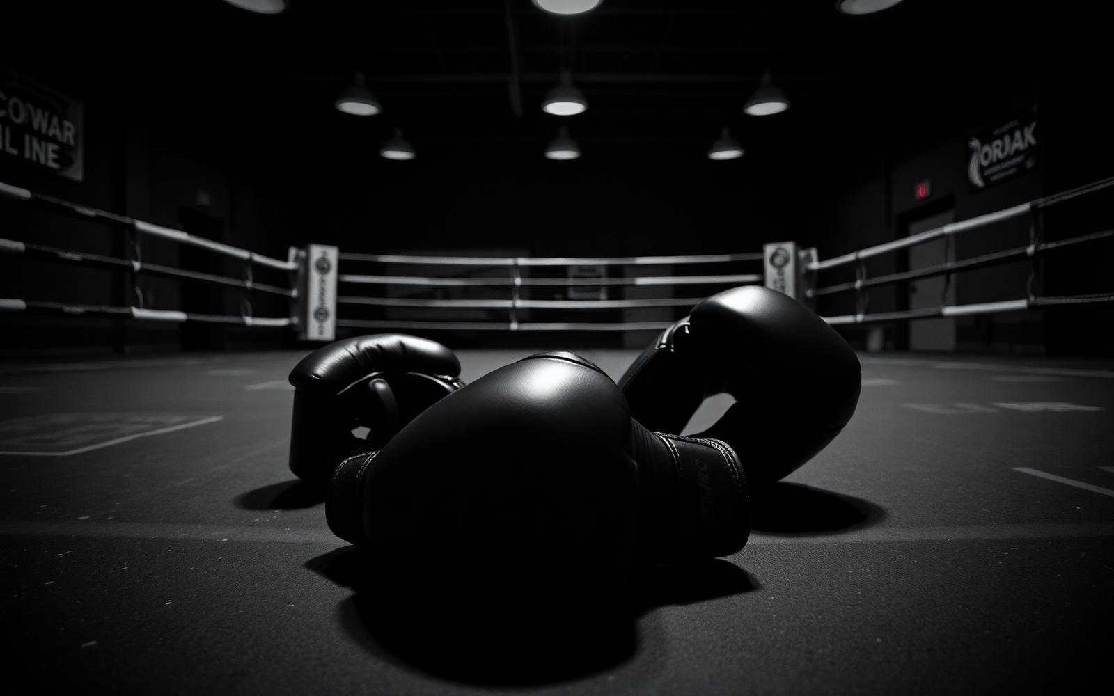 Gants de boxe posés dans un ring faiblement éclairé